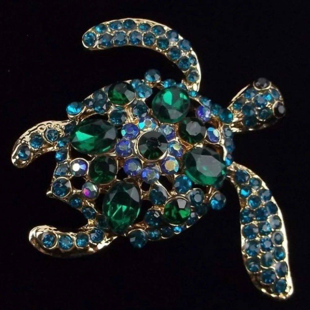 Enameled Rhinestone Sea Turtle Brooch